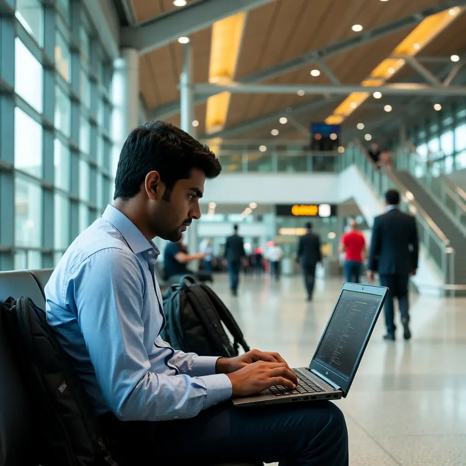 IT professional working from a secure laptop in a foreign airport