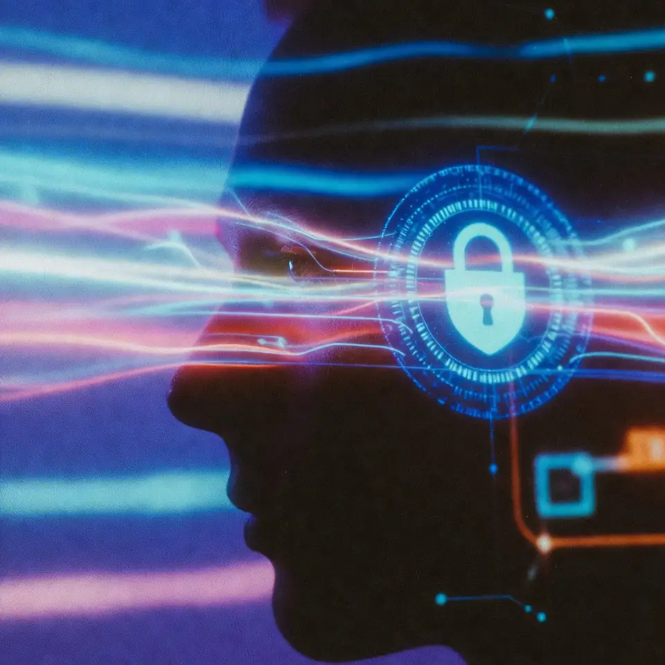 Abstract data security image with digital lock on top of IT director's face